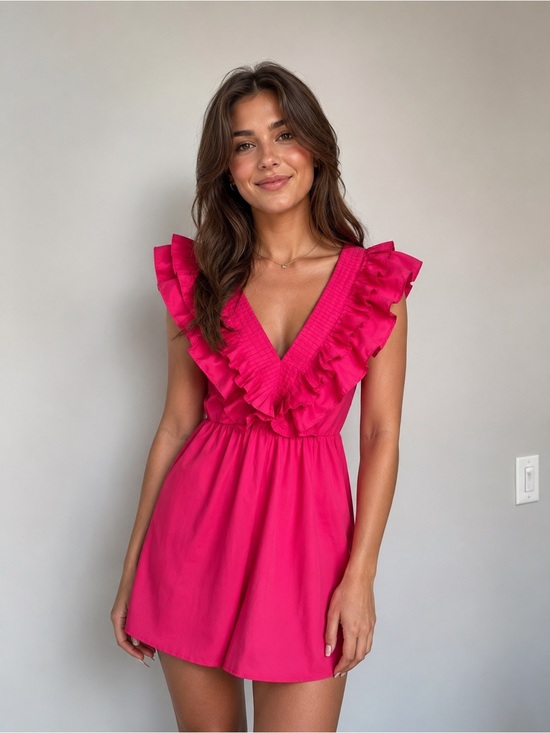 entro Dresses & Skirts - Entro Hot Pink Ruffle Mini Dress Pleated V Neck Barbiecore Party S